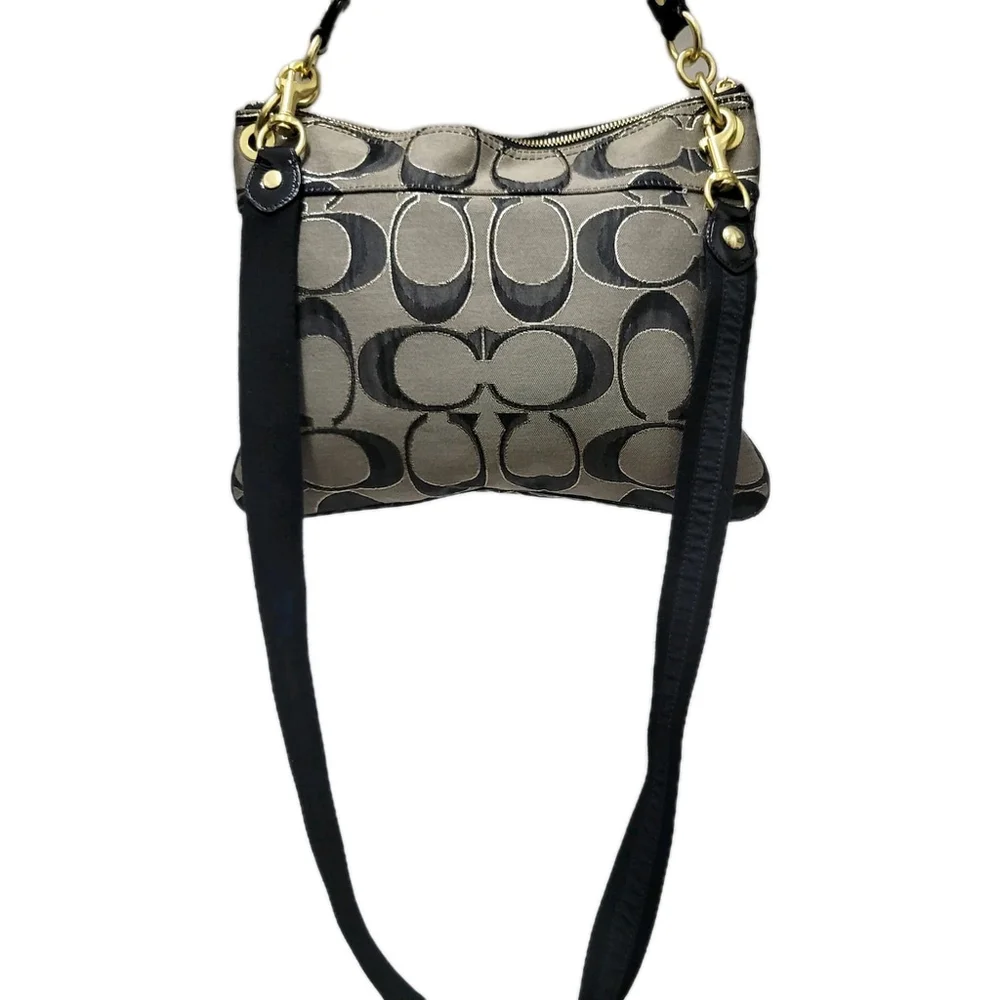 Coach #18135 Black & Gold Canvas Leather Trim Shoulder/Crossbody Handbag Purse